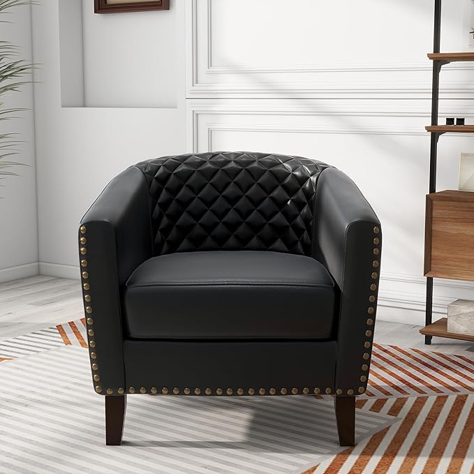 Pia Ricco Faux Leather Barrel Chairs Set of 2, Modern Comfy Accent Chairs, Upholstered Armchair Club Chairs with Nailhead Trim, Single Sofa Barrel Chair for Living Room Reading Room, Black
