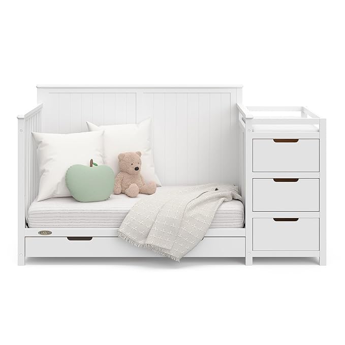 Graco Hadley 5-in-1 Convertible Crib & Changer (White) – GREENGUARD Gold Certified, Fits Standard Crib Mattress, Converts to Toddler Bed and Full Bed, 4 Adjustable Mattress Heights