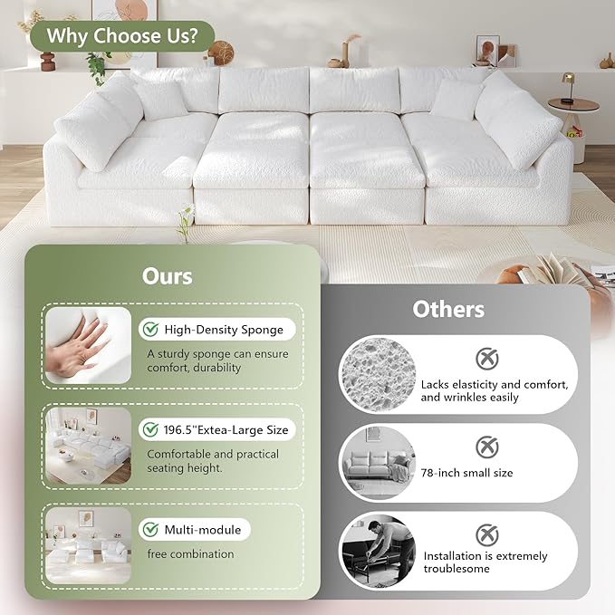 Boneless Cloud Couch Modular Sectional Sofa with Deep Seat for Living Room, L Shape Couch with Ottoman, Snowflake Cloth and 40D Memory Sponge,2 Throw Pillows (White, 6 Seater+2 Ottoman)