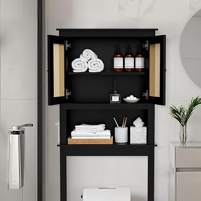 Over The Toilet Storage Cabinet, Behind Toilet Bathroom Organizer with Adjustable Shelves, Above Toilet Organizers with Barn Door, Space Saver for Restroom, Bathroom, Laundry