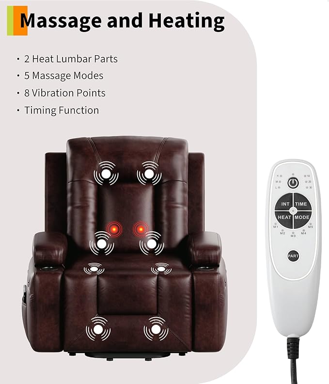 GarveeHome Power Lift Recliner Chair - Heat and Massage, Adjustable Back and Legs, PU Leather Electric Lift Chair Designed for The Elderly and People with Mobility impaired