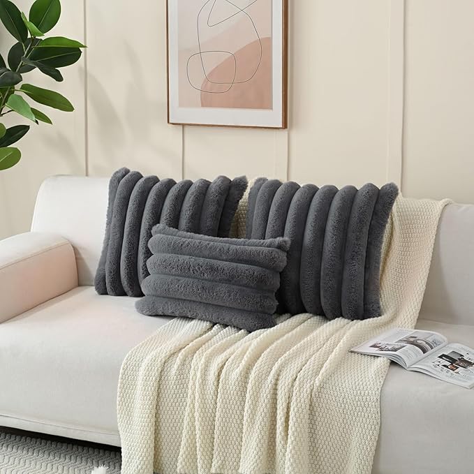 FUTEI Dark Grey Decorative Throw Pillow Covers 22x22 Inch Set of 2, Square Soft Faux Rabbit Fur Big Striped Cushion Cover,Home Decor for Couch Sofa Bed Living Room