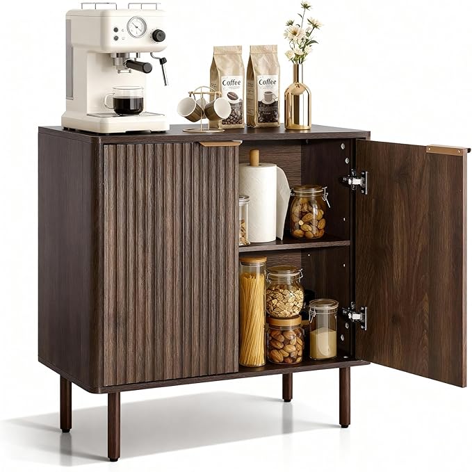 VEVOR Fluted Cabinet, Buffet Cabinet with 2-Tier Storage, Coffee Bar Cabinet with Adjustable Shelves, Sideboard Buffet for Hallway, Entryway, Living Room, or Kitchen, Walnut