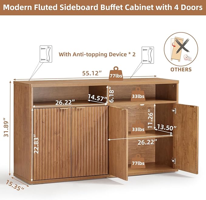 LEYAOYAO Fluted Buffet Cabinet with Storage, 55" Wide Wood Sideboard Credenza with 4 Doors & Open Storage Shelf, Modern Kitchen Console Accent Cabinets, Coffee Bar Table for Dining Room, Tea Brown