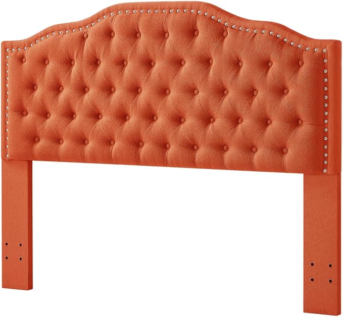 24KF Upholstered Button Tufted Queen Headboard with Nailhead Trim, Elegant Boucle Fabric Full headboard, 6031-Q-Boucle-Orange