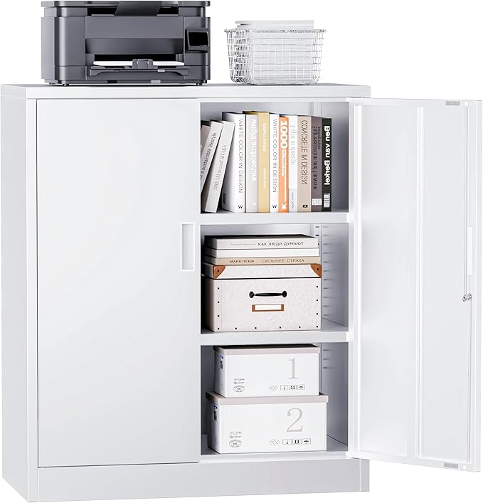 Metal Garage Storage Cabinets,36" Steel File Cabinet with 2 Adjustable Shelves, Lockable Storage Cabinets for Office, Home, Garage, Warehouse 36" H x 32" W x 16" D (White)