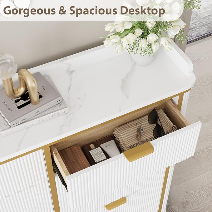 Fluted Shoe Cabinet Storage, Freestanding Hidden Shoe Organizer with 4 Flip Drawers & 2 Drawers, Wood Narrow Shoe Rack Cabinet with Adjustable Shelves for Entryway, Foyer, Hallway, White
