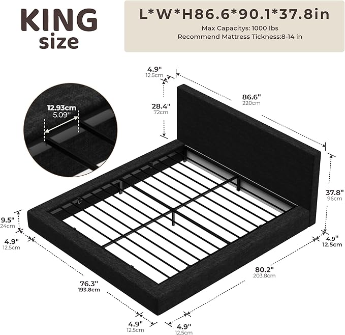 RECCI Cloud Upholstered King Bed Frame with Headboard, 5 Inch Foam Padded Platform, No Box Spring, Easy Assembly (Onyx)