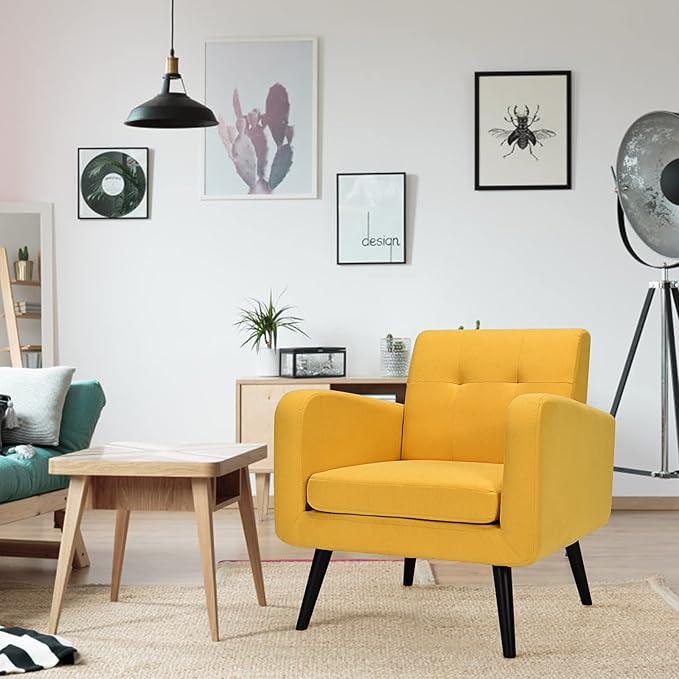 Giantex Upholstered Accent Chair, Modern Mid Century Linen Fabric Living Room Chair with Arms, Max Load 265 Lbs, Comfy Tufted Single Sofa for Reading, Bedroom, Office, Club, Yellow
