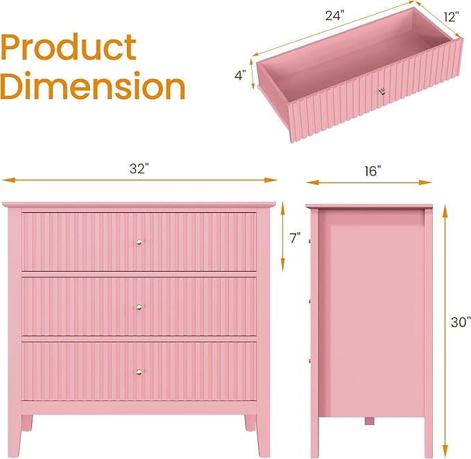 RoyalCraft Fluted 32 inch Wide Nightstand for Bedroom, Large Pink Nightstand with 3 Drawer, Modern End Table, Wood Beside Table for Home and Office
