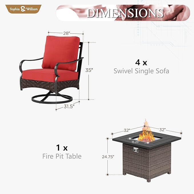 Sophia & William Patio Furniture Set with Fire Pit Table, 5 PCS Metal Outdoor Conversation Set Sofa Couch with Fire Pit Table, 4 Swivel Chairs for Outdoor Seating, Backyard, Porch(Red)