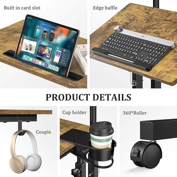 Small Standing Desk with Wheels, Mobile Stand Up Desk, Portable Standing Table on Wheels for Walking Pad, Rolling Computer Desk Adjustable Height, Tall Table