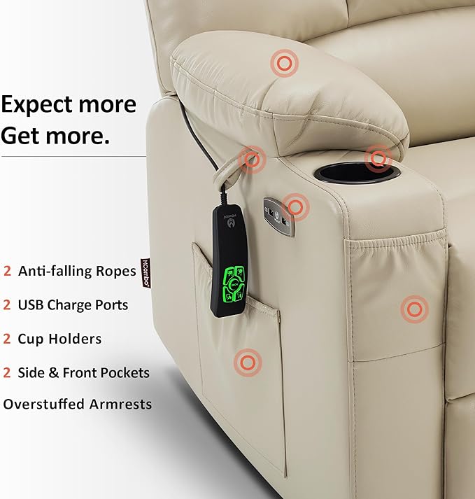 MCombo Oversized Dual Motor Power Lift Recliner Chair Sofa with Massage and Heat for Big Elderly People, Infinite Position, USB Ports, Faux Leather R7688 (Beige, Large-Oversize)