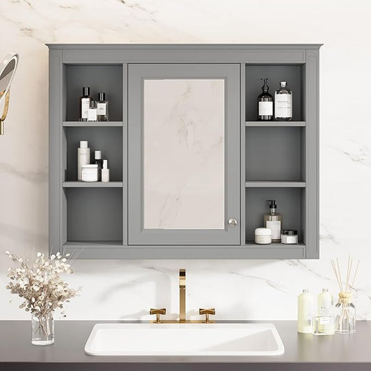 Bathroom Wall Cabinet with Mirror, 35'' x 27.5'' Medicine Cabinet with Mirror Door and Adjustable Shelves, Over Toilet Storage Cabinet, Wall-Mounted Bathroom Mirrors for Over Sink with Storage