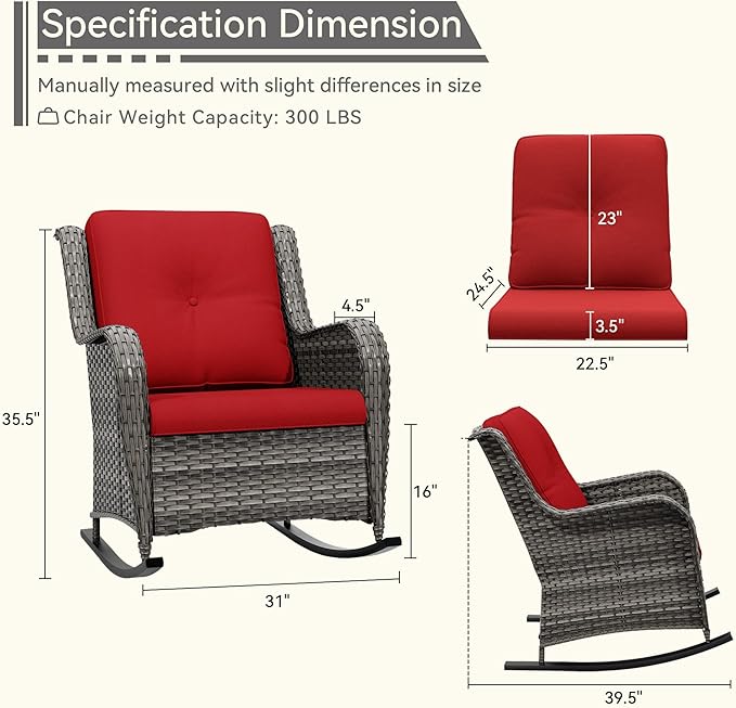 1 PC Outdoor Rocking Chair, Wicker Patio Rocker Chair for Yard, Porch, Mixed Brown Grey Rattan, Red Cushions
