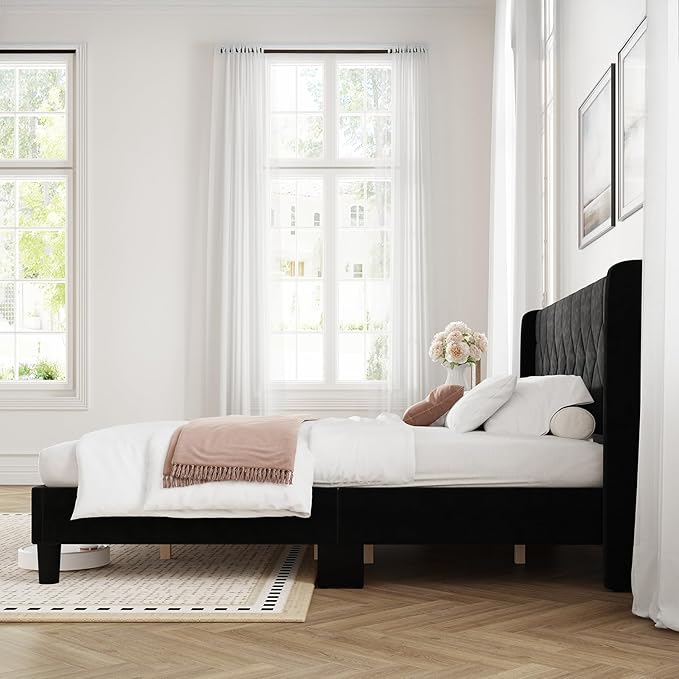 Novilla King Bed Frame, King Bed Frame with Headboard, Velvet Upholstered Pull-Point Wing Side Headboard, No Box Spring Needed, Heavy Duty Feet, Easy Assembly, Black Velvet