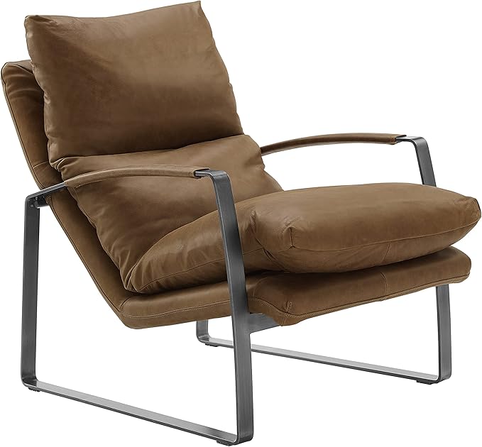 Art Leon Genuine Leather Accent Chair, Mid Century Modern Living Room Chair Lounge Chair with Black Metal Frame, Brown