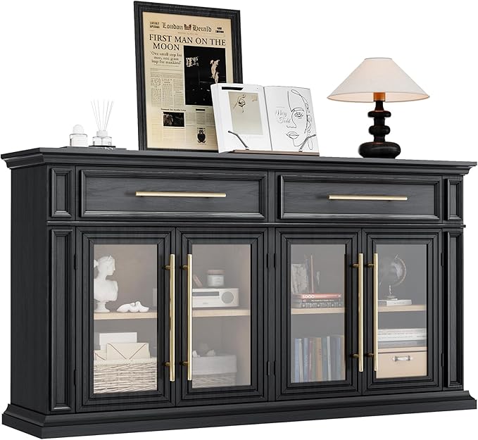 LGHM 63" Sideboard Buffet Cabinet with Drawers, Modern Kitchen Storage Cabinet with Adjustable Shelves and Magnetic Catch Doors, Wood Coffee Bar for Kitchen, Living Room, Black