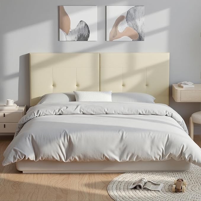 Queen Headboard Only with Adjustable Metal Legs, Faux Leather Upholstered Headboard Queen Size, Modern Stylish Headboard with Sunken Dot Design, Sturdy Bed Headboard for Bedroom, Beige