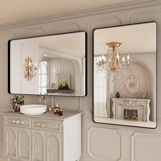 48x30 Inch Black Bthroom Mirror,Black Metal Frame Vanity Mirror,Rounded Rectangular Matte Black Wall Mirrors,Tempered Glass,Anti-Rust,Horizontal or Vertical