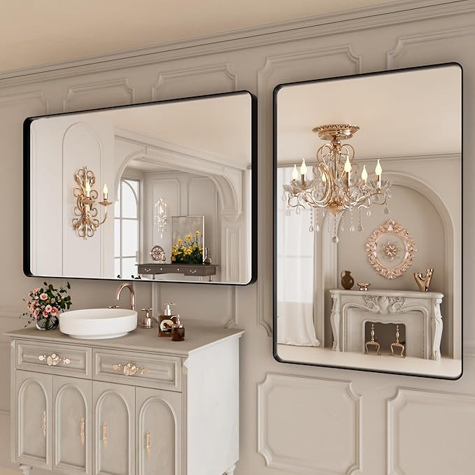 48x30 Inch Black Bthroom Mirror,Black Metal Frame Vanity Mirror,Rounded Rectangular Matte Black Wall Mirrors,Tempered Glass,Anti-Rust,Horizontal or Vertical