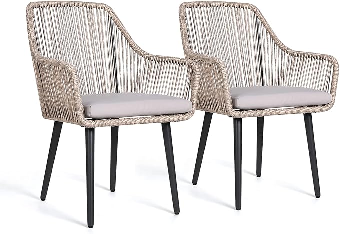 JOIVI Patio Chairs Set of 2, 2 Pieces Rattan Rope Material Outdoor Dining Chairs with Armrest and Seat Cushions for Outside Porch or Indoor Kitchen, Restaurant, Tan