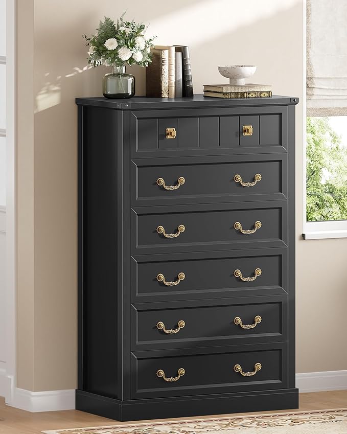 AOGLLATI Farmhouse Dresser with 6 Drawers, 51.2”Tall Wooden Chest of Drawers with Natural Texture, Vintage Design, Black Dresser for Bedroom, Black