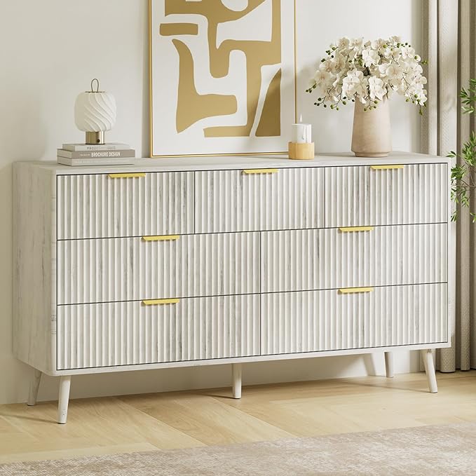LYNSOM Fluted Dresser and Nightstand Sets 2 Piece, 2-Drawer Nightstands and 7-Drawers Dresser, Wood Bedroom Furniture Set for Home, Bedroom, Hallway, White