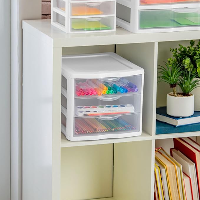 Sterilite ClearView Compact Stacking 3 Drawer Storage Organizer System for Crafting Supplies, Home Office, or Dorm Room, (16 Pack)