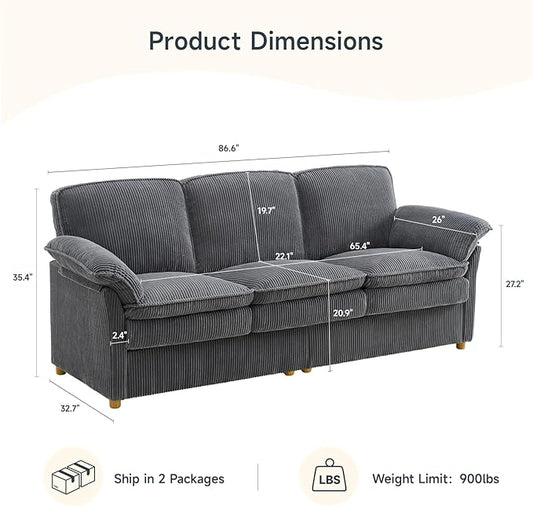 ONBRILL 86.6" Corduroy Couches for Living Room, Comfy 3 Seater Sofa with Pillow-Top Armrest & Dual-Layer Cushions, Mid Century Modern Couch for Bedroom, Apartment, Grey