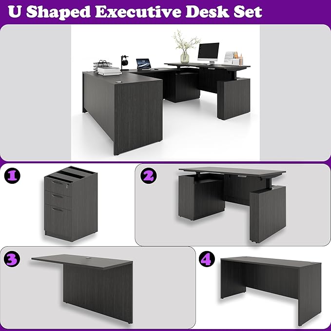 100.4'' Height Adjustable U-Shaped Executive Desk with 3-Drawer File Cabinet and Shelves (Grey-U)