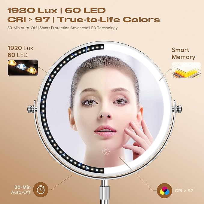 Makeup Mirror with Lights, 1x/20x 360ยฐ Rotation Vanity Mirror, Brightness Adjustable Lighted Makeup Mirror with Magnification, 5000 mAh Rechargeable Double Sided Mirror with 3 Colors, Gift for Women