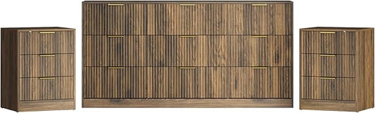 3-Piece Modern Bedroom Furniture Set, Wide 9-Drawer Dresser & 3-Drawer Nightstands Set of 2, Natural Wood Dresser and Nightstand Sets for Bedroom, Hallway, Walnut