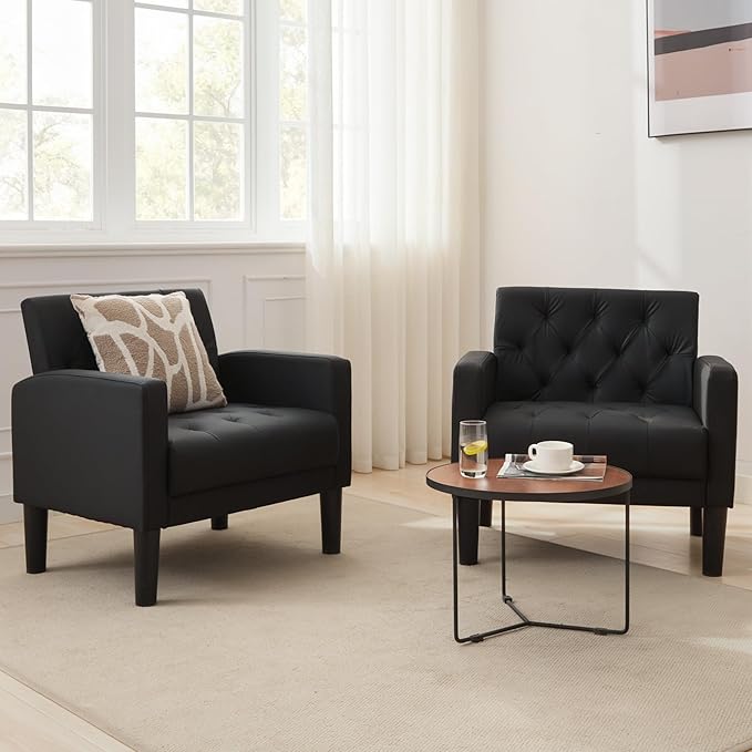 TYBOATLE Leather Chairs Set of 2 Comfy Living Room Chair Black Leather Tufted Mid Century Modern Accent Chair, Small Cozy Reading Arm Chair for Office, Bedroom