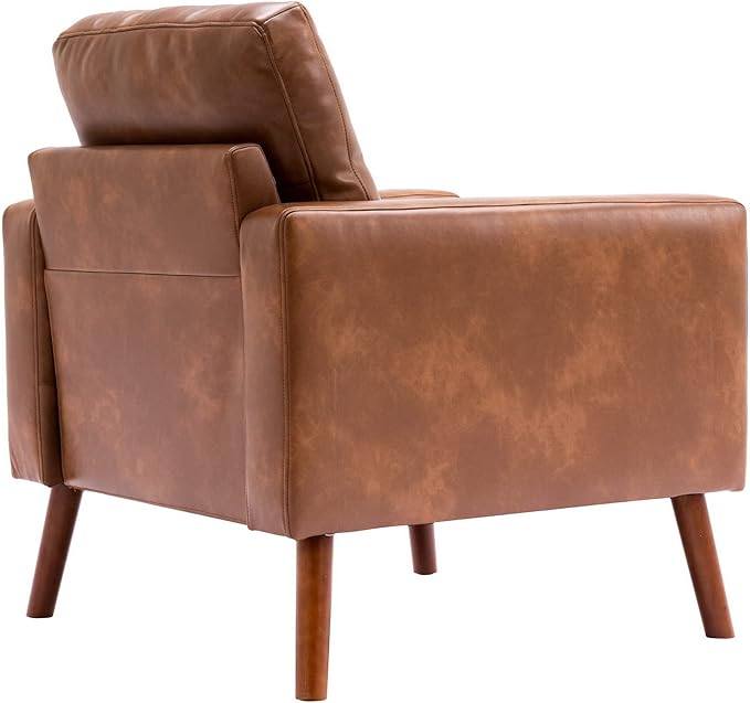 Wahson Accent Chairs Set of 2, Faux Leather Tufted Single Sofa, Brown Oversized Club Chair, Mid Century Modern Armchair with Wood Legs for Reading/Living Room/Bedroom