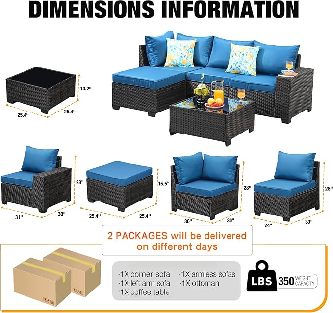 5 Pieces Patio Furniture Set All-Weather Outdoor Wicker Sectional Conversation Sofa Rattan Patio Seating Sofa with Cushion and Glass Table and Ottoman for Porch Poolside,Peacock Blue