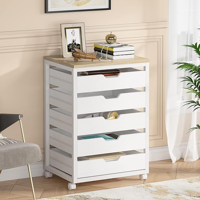 Tribesigns 5 Drawer Chest, Wood Storage Dresser Cabinet with Wheels, Industrial Storage Drawer Organizer Cart for Office Bedroom Entryway (White, 1 PC)