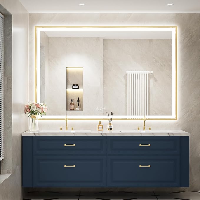 60X40 Inch Led Bathroom Mirror,Frontlit & Backlit Lighted Mirror,Gold Metal Frame Vanity Mirror for Wall,Double Lights Strips,Anti Fog Stepless 3 Colors Temperature & Dimmable