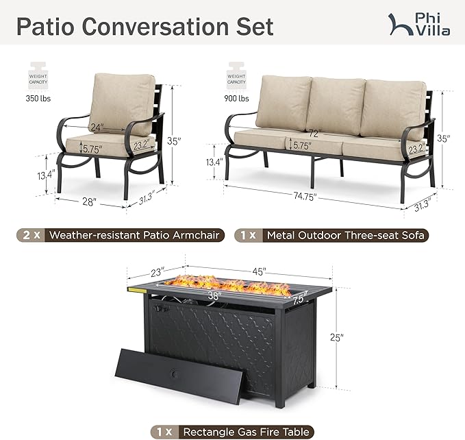 PHI VILLA 4 PCS Patio Furniture with FirePit Table, Outdoor Furniture Set with 1 x 45 Inch Metal Fire Table, 1 x 3 Seater Cushioned Deep Seating Bench, 2 x Armrest Sofa Chairs