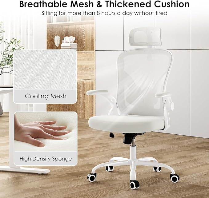 Farini Ergonomic Office Chair, Home Office Desk Chair with Headrest, High Back Computer Chair with Armrests and Adjustable Lumbar Support for Home Office Study Room, White & White