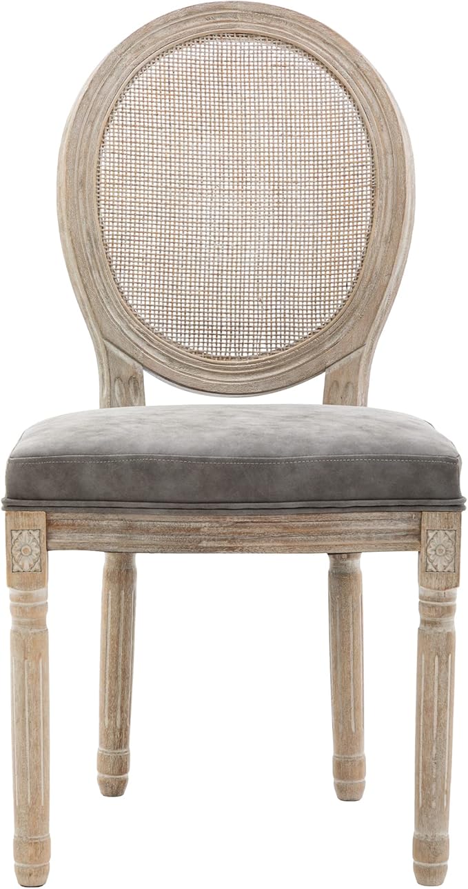 Farmhouse Leather Dining Room Chairs Set of 6 French Dining Chairs with Round Rattan Back French Bistro Chairs for Dining Room/Living Room/Kitchen/Restaurant, Grey