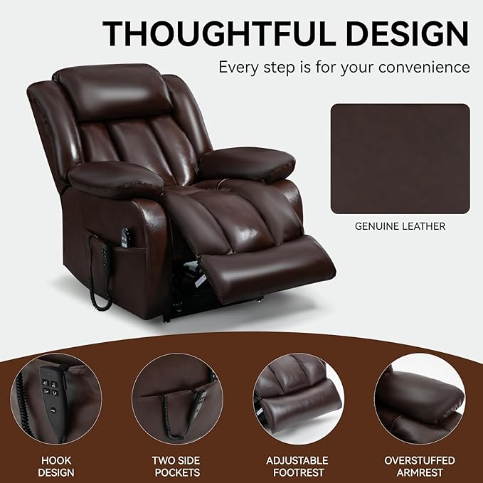 Luxlen Electric Power Lift Recliner Chair with Vibration Massage and Heat, Leather Reclining Chairs for Elderly with Remote Controls, Side Pockets, Big and Tall Recliner, Brown