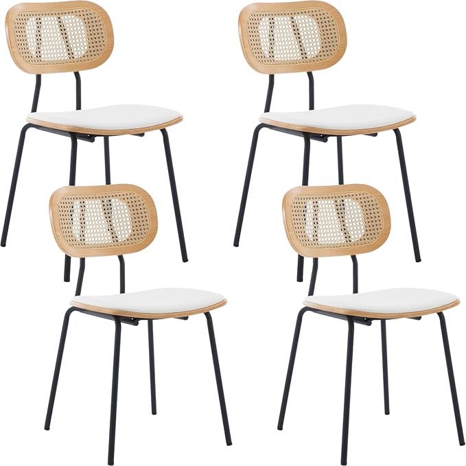 Mid-Century Modern Rattan Cane Back Dining Chairs Set of 4 β PU Leather Upholstered Seat, Black Metal Legs, Kitchen Side Chairs for Kitchen & Dining Room, White