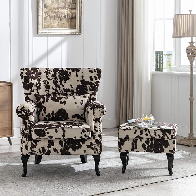 Mid Century Modern Accent Chair Upholstered Armchair Comfy Velvet Tufted Wingback Single Sofa with Ottoman for Bedroom Living Room, Cow