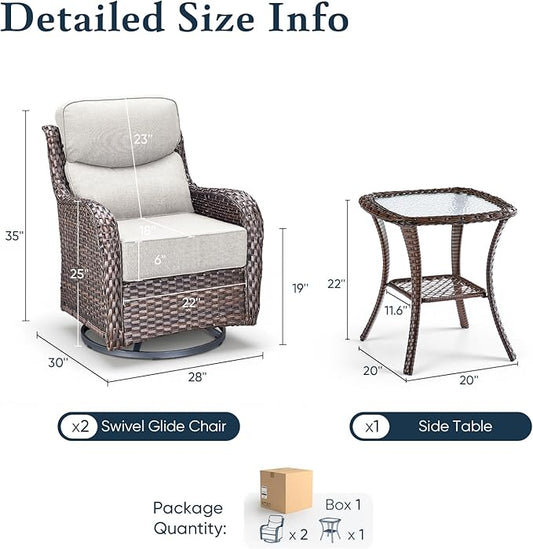 Belord Luxury 6" Thick Cushioned Outdoor Swivel Rocker Patio Chairs with Side Table, 3 Pieces High Back Wicker Furniture Set with Ergonomic Back, Conversation Gliders Set for Deck Porch - Brown+Beige
