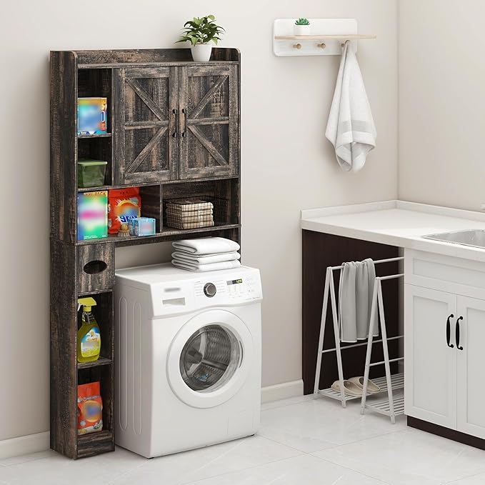 Over The Toilet Storage Cabinet, Farmhouse Storage Cabinet Over Toilet with 2 Barn Doors & Toilet Paper Holder Stand,Home Space-Saving Toilet Rack, for Bathroom, Restroom, Laundry