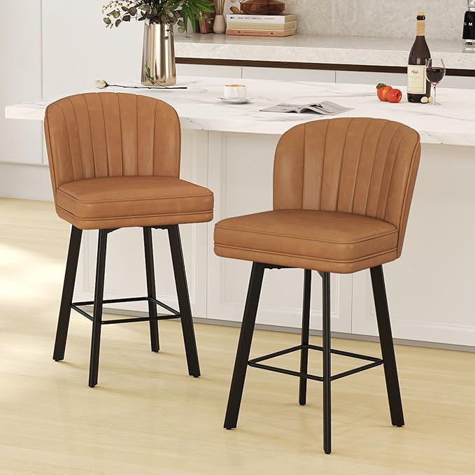 Swivel Counter Height Bar Stools Set of 2, 26'' Modern Barstools with Backs and Metal Legs, Upholstered Bar Chairs, Faux Leather Whiskey Brown Stools for Kitchen Island Chairs