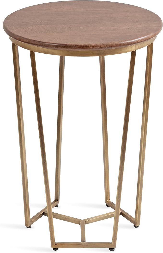 Kate and Laurel Solvay Round Metal and Wood Side Table; 16 x 16 x 24; Walnut and Antique Brass; Mid-Century Modern Bedroom Nightstand Table with Solid Mango Wood Tabletop and Iron Base