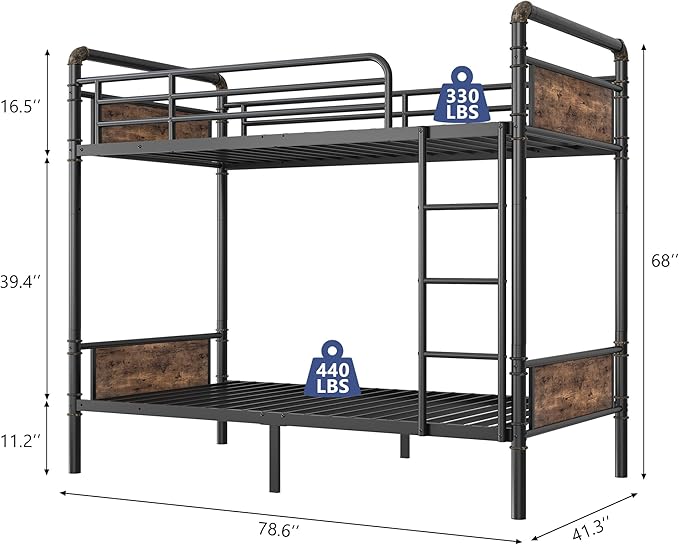Metal Bunk Bed Twin Over Twin, Industrial Bunkbeds Heavy Duty Bed with Safety Guard Rails and Space-Saving Design, Steel Bed for School, Bedroom (Vintage Brown)