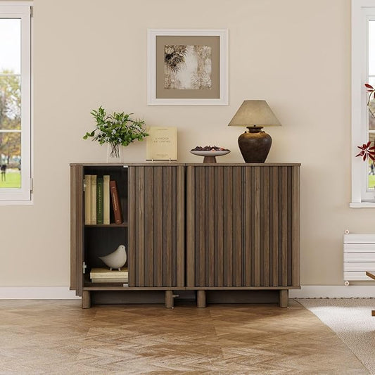 LukeAlon Fluted Sideboard Cabinet, Mid-Century Modern Accent Buffet Cabinet with Storage, 47" Wooden Credenza Cabinets 31.5" Height for Living Room Dining Room Entryway Hallway, Walnut Color